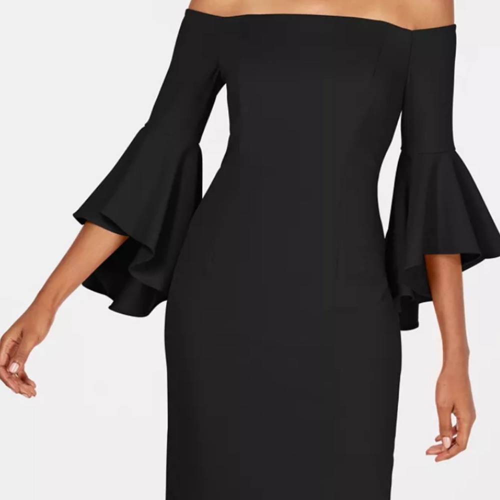 Calvin Klein off shoulder flutter sleeve unique cocktail solid black dress